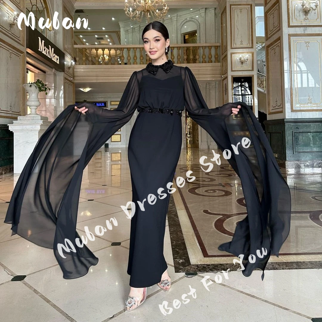 Customized Black Chiffon Long Sleeves Evening Dress See Through Beaded Elegant Women Wedding Party Formal Gowns 2025 
Customized Black Chiffon Long Sleeves Evening Dress See Through Beaded Elegant Women Wedding Party Formal Gowns 2025