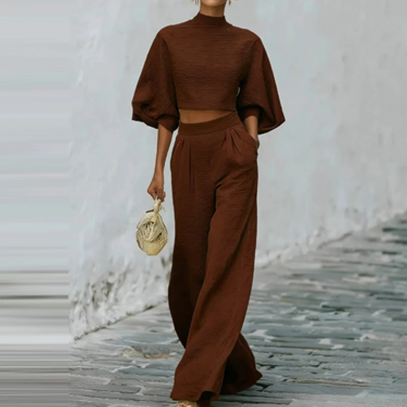 Spring O Neck Lantern Sleeve Top Pullover & Wide Leg Pants Outfit Simple Casual Solid Two Piece Set Women Summer Streetwear Suit
Spring O Neck Lantern Sleeve Top Pullover & Wide Leg Pants Outfit Simple Casual Solid Two Piece Set Women Summer Streetwear Suit