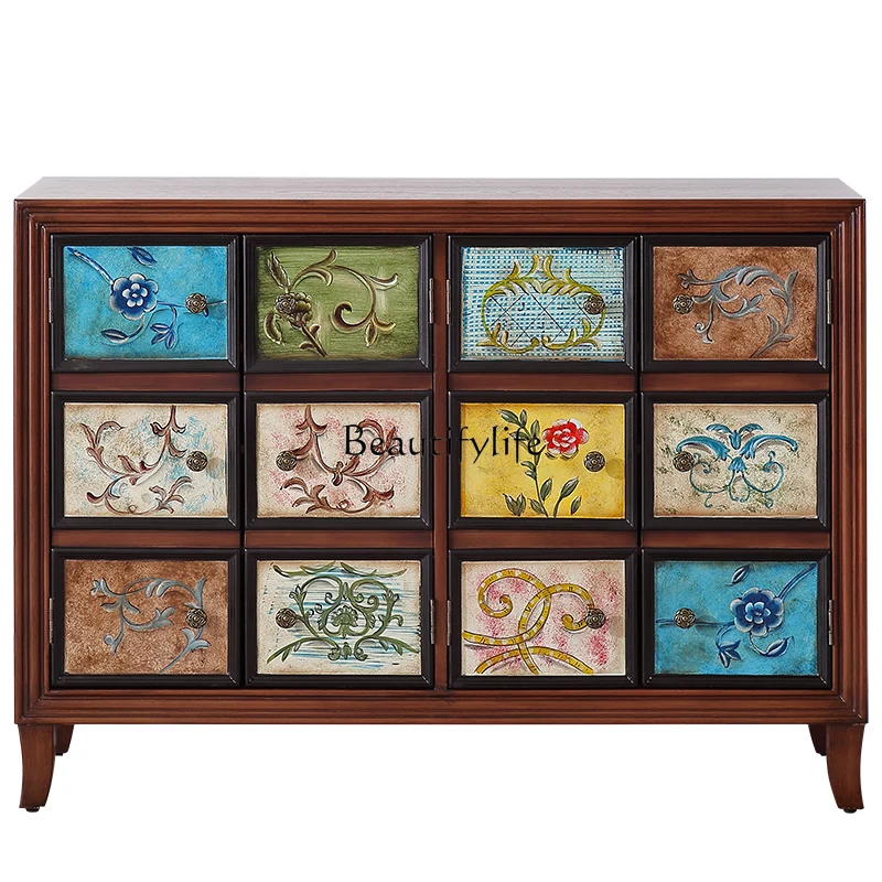 American colorful four-door shoe cabinet against the wall entrance retro painted storage cabinet
American colorful four-door shoe cabinet against the wall entrance retro painted storage cabinet