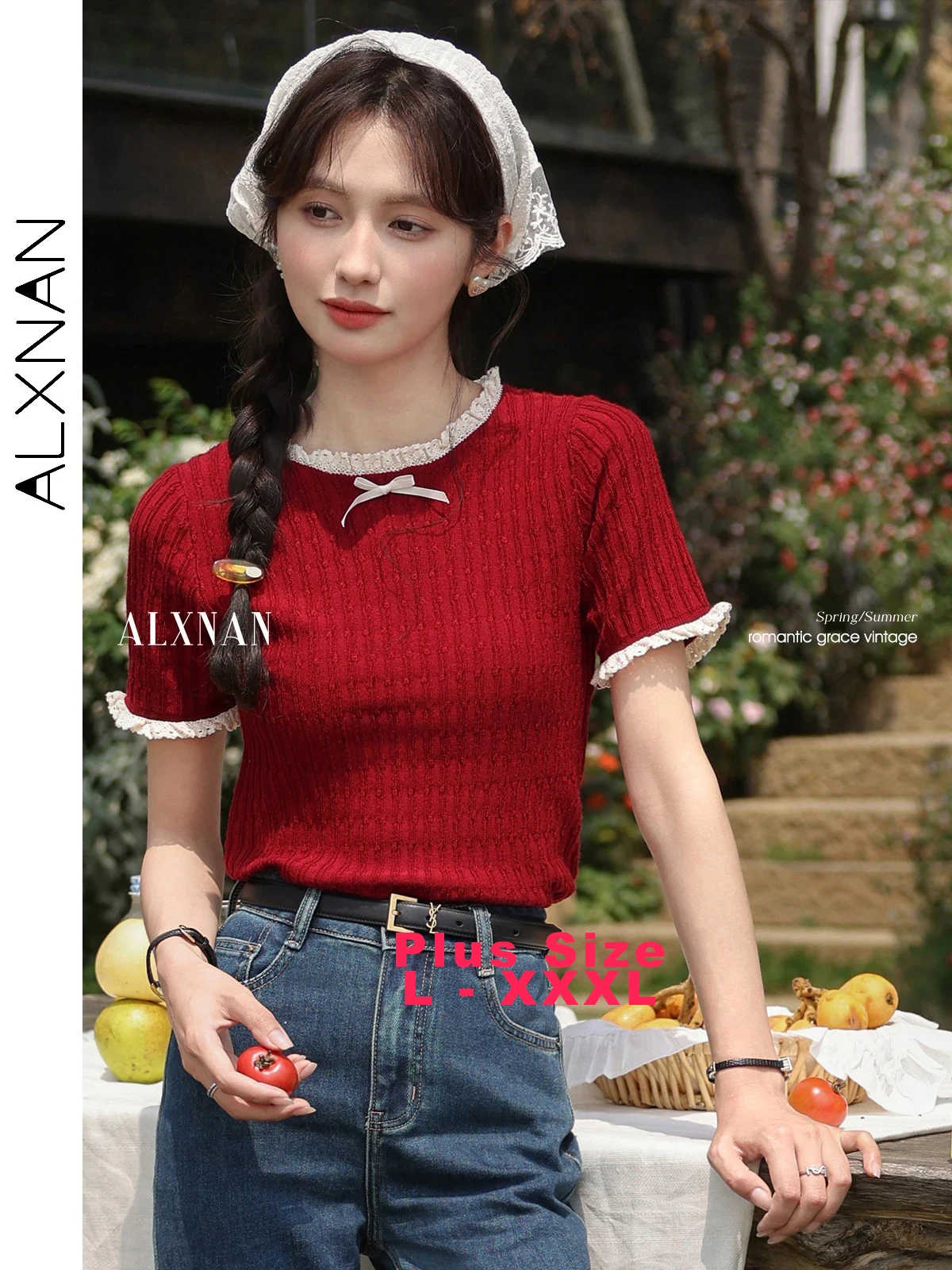 ALXNAN Plus Size Women's Red T-shirt 2025 Summer Elegant Round Neck Knitted T-shirt Lace Trim Slim-fit Short Sleeve Tops D10505
ALXNAN Plus Size Women's Red T-shirt 2025 Summer Elegant Round Neck Knitted T-shirt Lace Trim Slim-fit Short Sleeve Tops D10505