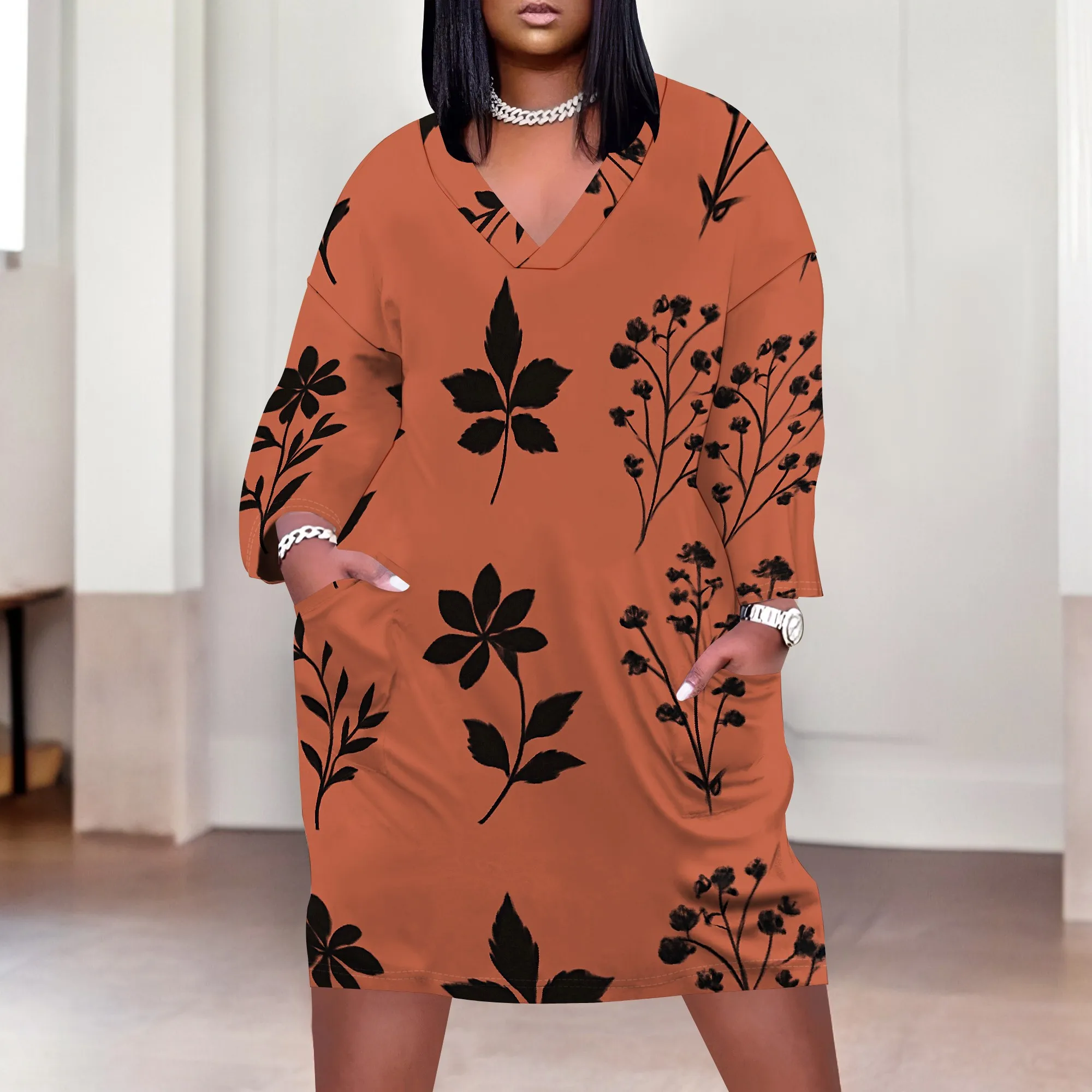 Floral Print Women's Maxi Dress XL-6XL, V-Neck Casual Summer Dress with Pockets, Black Leaves on Rust Color
Floral Print Women's Maxi Dress XL-6XL, V-Neck Casual Summer Dress with Pockets, Black Leaves on Rust Color