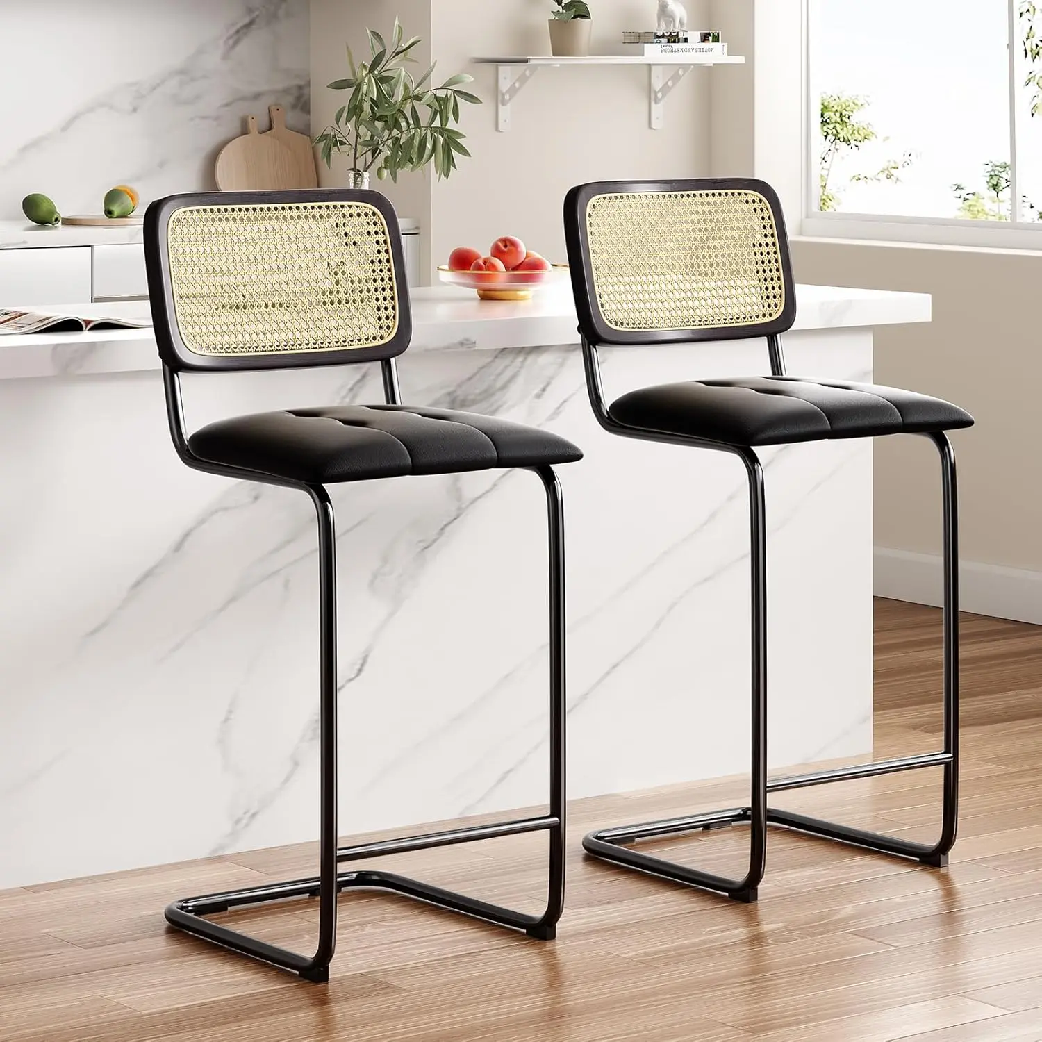 Black PU Leather Counter Height Bar Stools Set of 2 Rattan Back Armless 30 inch Kitchen Island, Customized
Black PU Leather Counter Height Bar Stools Set of 2 Rattan Back Armless 30 inch Kitchen Island, Customized