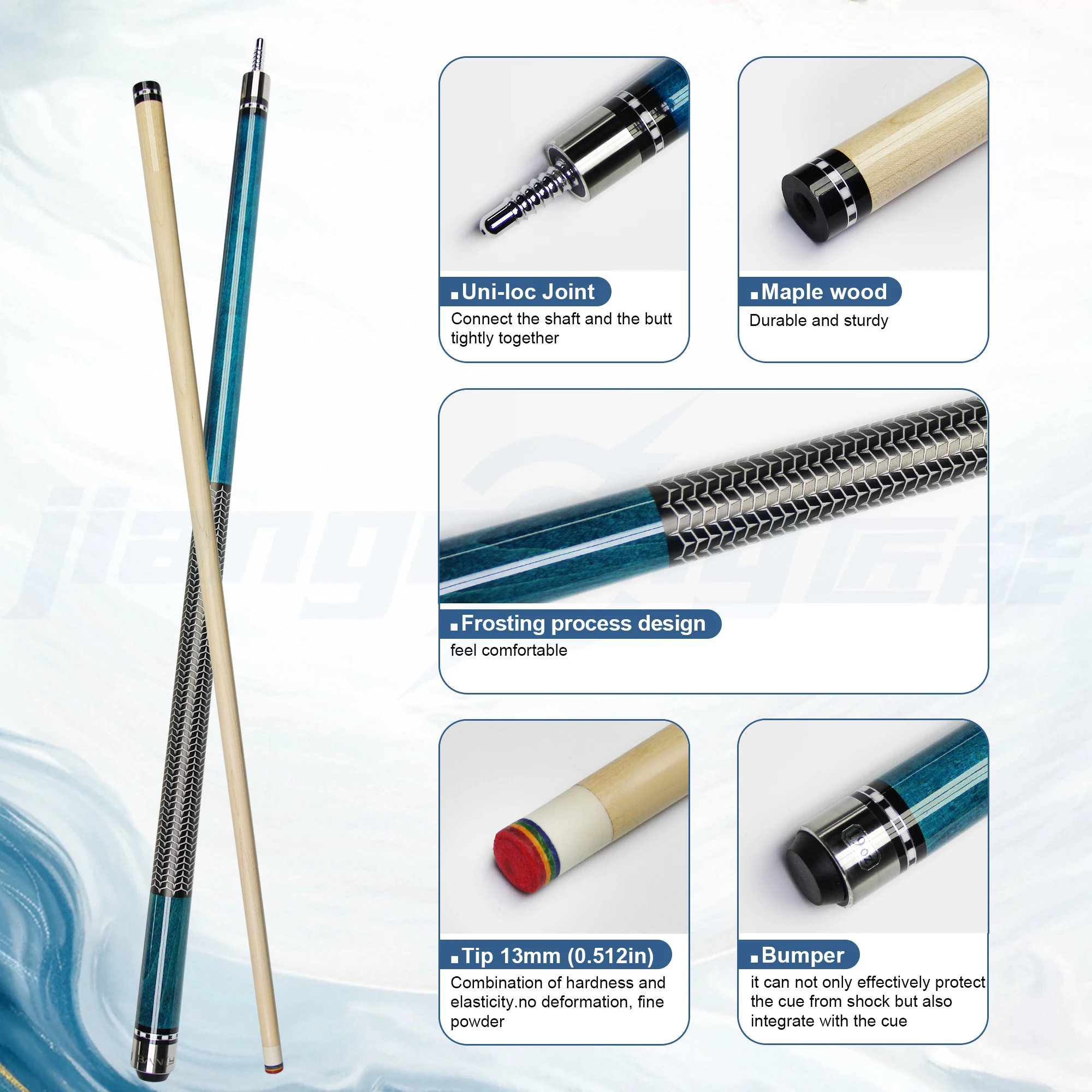 58.52in 13mm Professional Blue Textured Maple Pool Cue shaft3D Anti Slip Grip 3/8*8 Joint for 8/9 Carom Billiard Balls 19-21oz
58.52in 13mm Professional Blue Textured Maple Pool Cue shaft3D Anti Slip Grip 3/8*8 Joint for 8/9 Carom Billiard Balls 19-21oz
