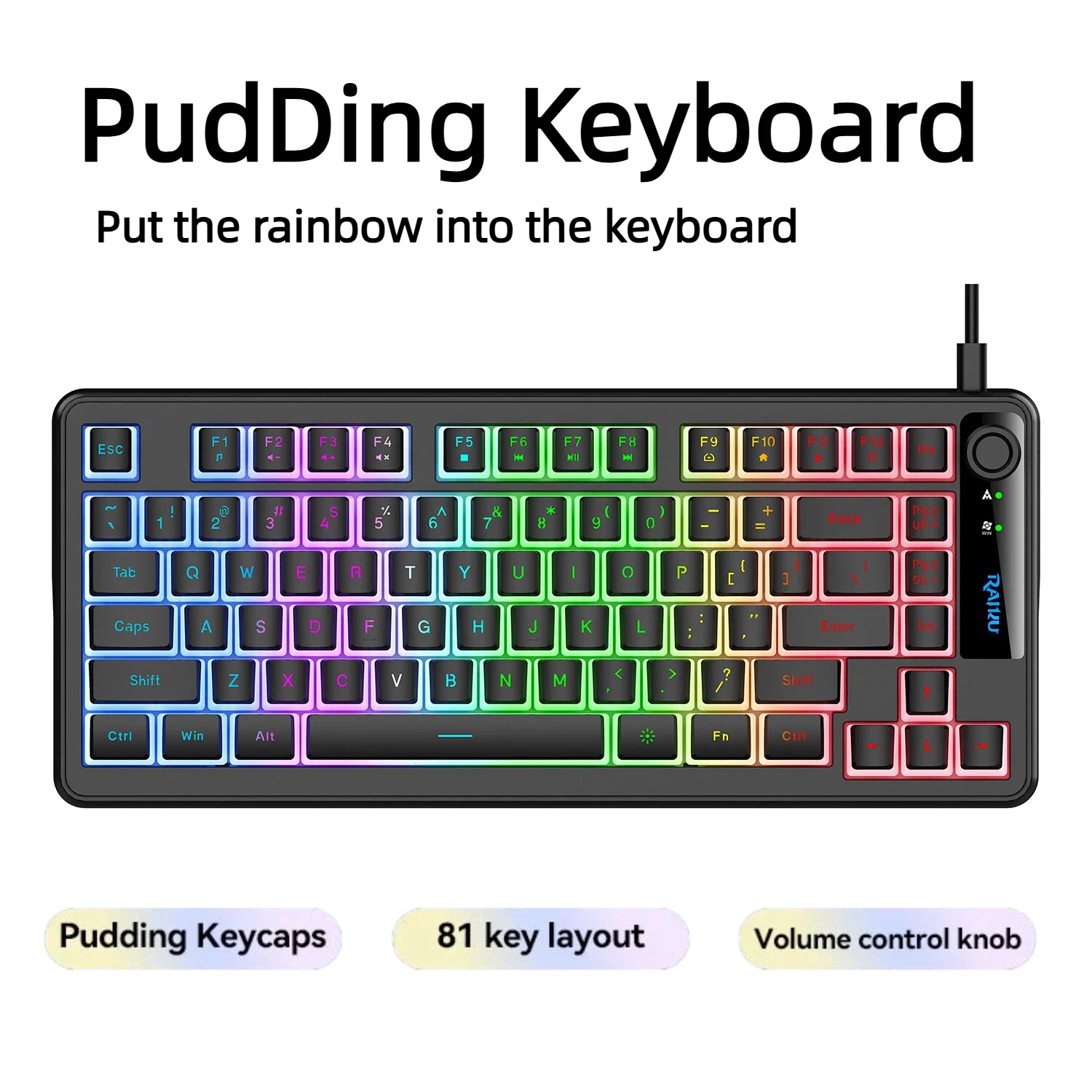 75% Layout K75 Wired Gaming Keyboard, Pudding Keycaps with RGB Backlighting, Silent Keys, Multi-Function Knob
