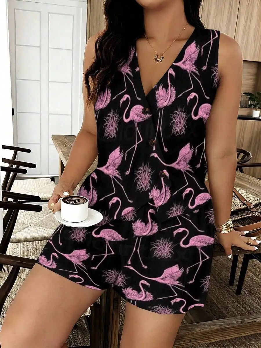 Women Sleeveless Vest And Shorts Set Pink Flamingo Dandelion Print Black Casual Home Outfit
Women Sleeveless Vest And Shorts Set Pink Flamingo Dandelion Print Black Casual Home Outfit
