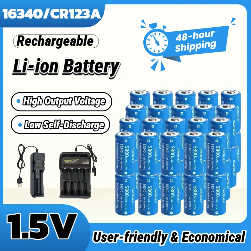 3.7V 16340 CR123A 5800mAh Rechargeable Battery with Charger High Capacity Li-ion for LED Flashlight, Laser Sight and More
3.7V 16340 CR123A 5800mAh Rechargeable Battery with Charger High Capacity Li-ion for LED Flashlight, Laser Sight and More