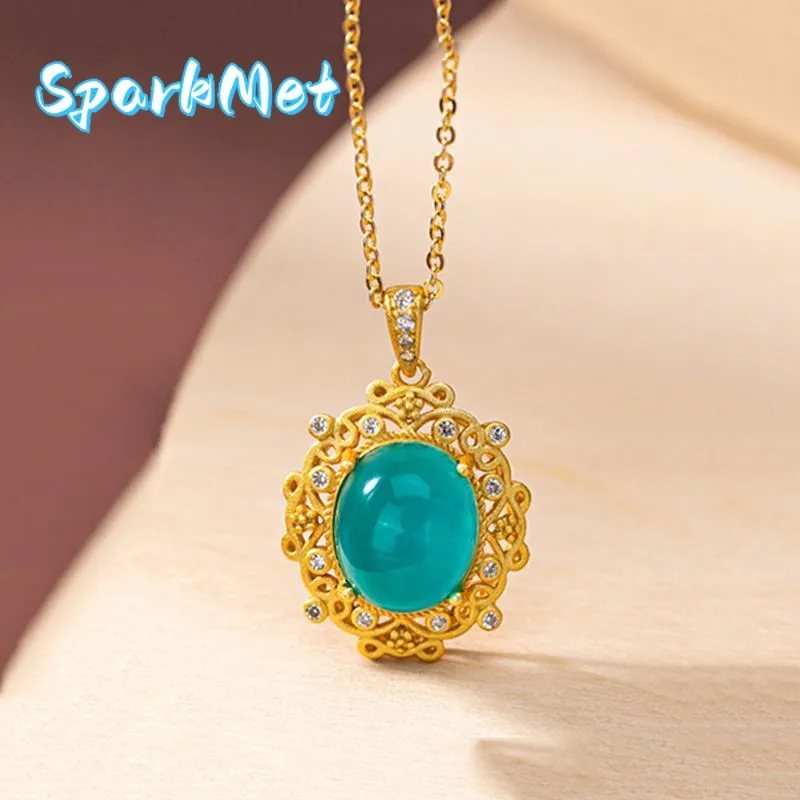 Sparkmet Women's 24K Gold (AU999) Lace Gold-plated Amazonite Pendant | Gold-washed faceted lace, filigree iris motifs with lapis
Sparkmet Women's 24K Gold (AU999) Lace Gold-plated Amazonite Pendant | Gold-washed faceted lace, filigree iris motifs with lapis