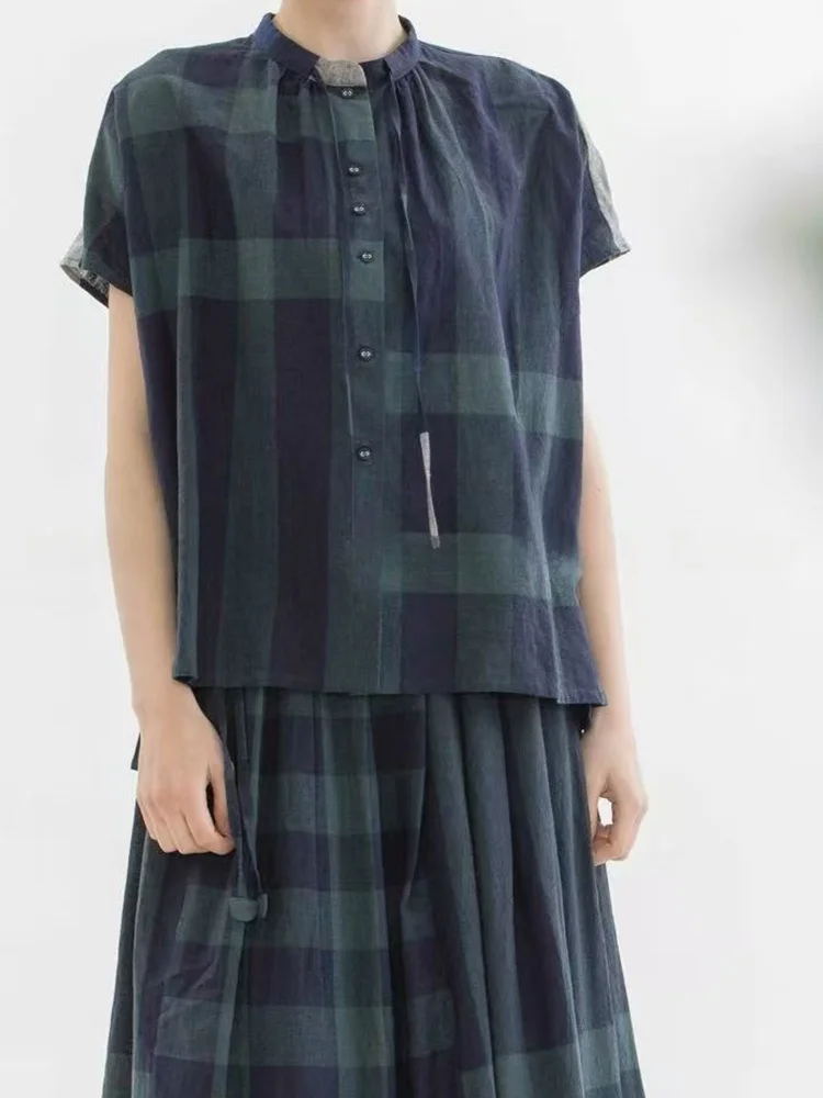 Summer Retro Cotton Linen Green Plaid Short Sleeve Shirt Women plus Size Belted Stand Collar Casual Comfortable Inner Wear
Summer Retro Cotton Linen Green Plaid Short Sleeve Shirt Women plus Size Belted Stand Collar Casual Comfortable Inner Wear
