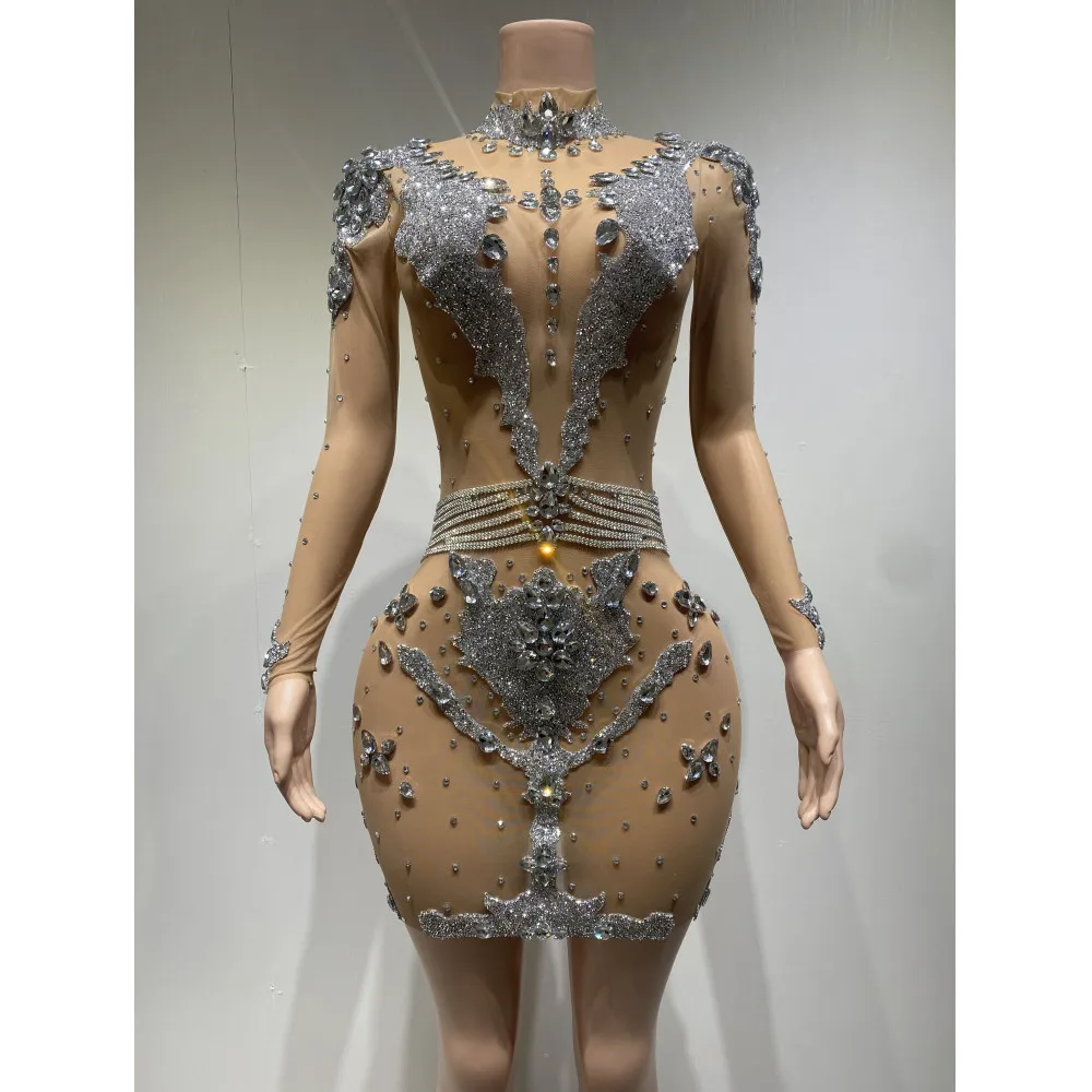 Top Quality Women Mesh See Through Long Sleeve Turtleneck Crystal Flowers Dress Nightbar Club Evening Dress Dancer Stage Costums
Top Quality Women Mesh See Through Long Sleeve Turtleneck Crystal Flowers Dress Nightbar Club Evening Dress Dancer Stage Costums