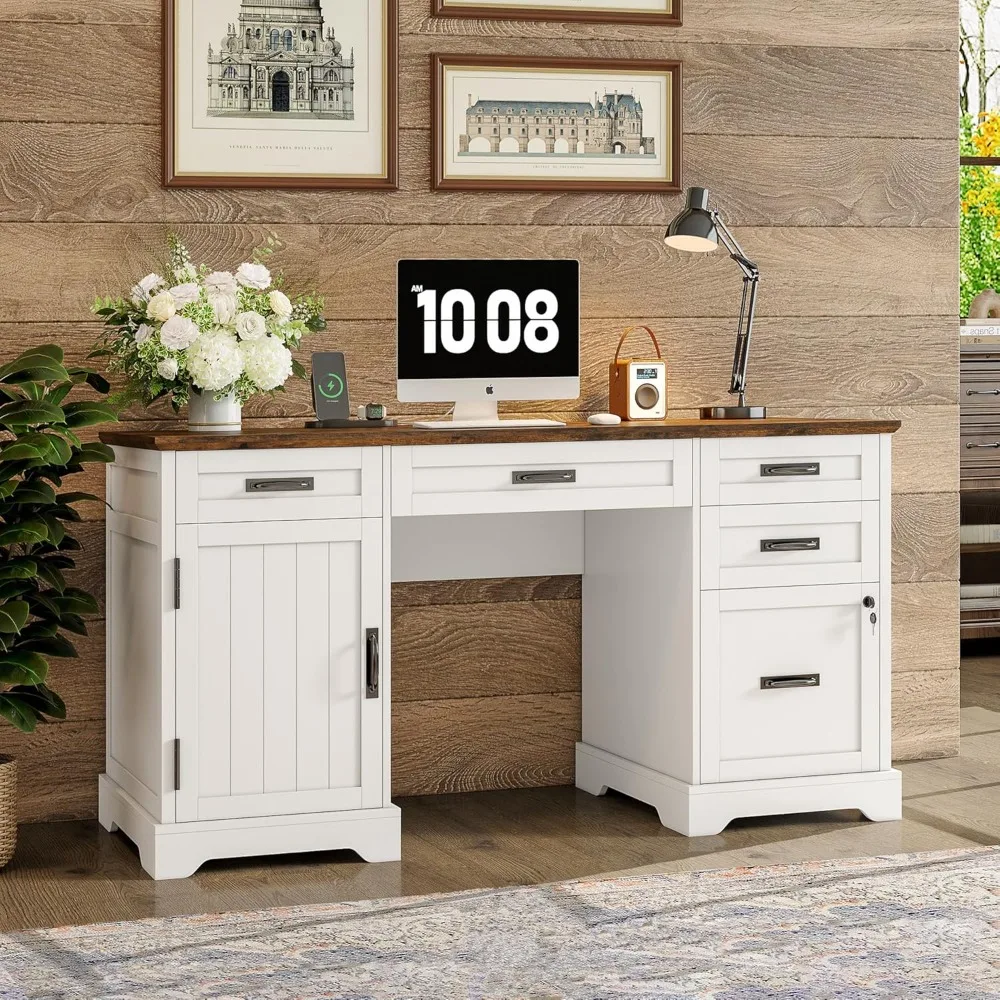 55'' Farmhouse Executive Desk with File Cabinet, Home Office Wood Computer Desk with Drawers and Power Outlets, White
55'' Farmhouse Executive Desk with File Cabinet, Home Office Wood Computer Desk with Drawers and Power Outlets, White