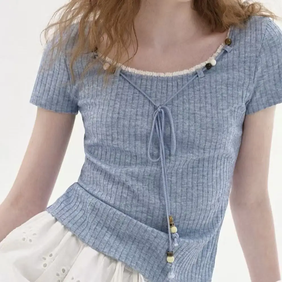 Lace Lace Beaded Drawstring Pit Strip Texture Slim Summer Short-sleeved T-shirt
Lace Lace Beaded Drawstring Pit Strip Texture Slim Summer Short-sleeved T-shirt