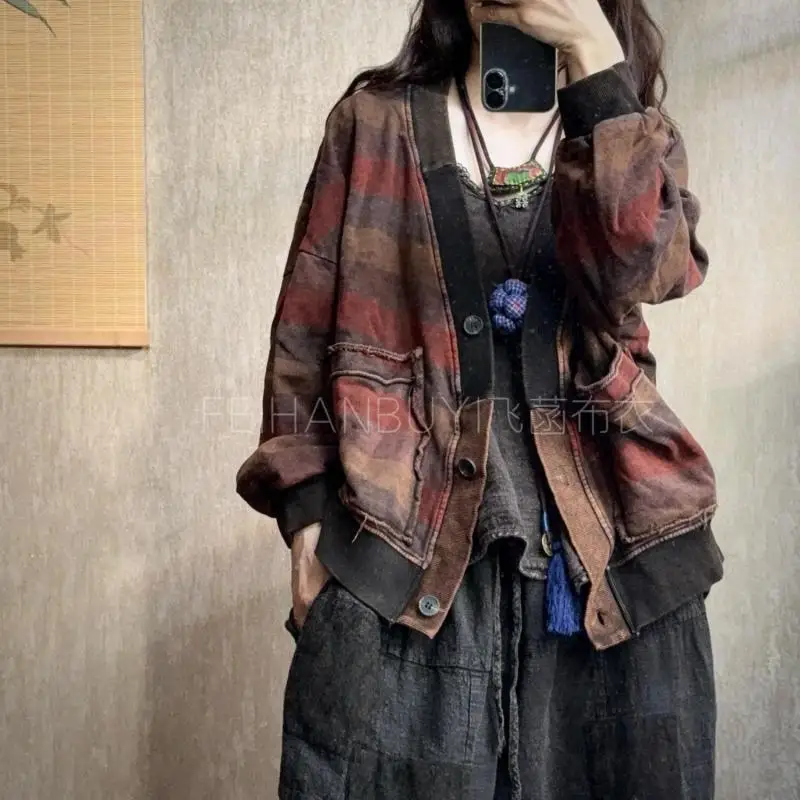 Autumn Winter New Arts Style Women Long Sleeve Loose Vintage Jackets V-neck Single Breasted Striped Short Coat High Quality F89
Autumn Winter New Arts Style Women Long Sleeve Loose Vintage Jackets V-neck Single Breasted Striped Short Coat High Quality F89