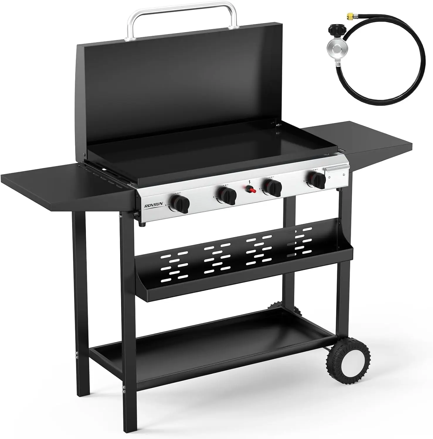 Electronic Ignition 4-Burner Propane Griddle - 40000 BTU Rolling Flat Top Gas Grill with Enameled Lid and Tray, Side Shelves, and Regulator, for Outdoor Cooking, Camping, BBQ, Tailgating
Electronic Ignition 4-Burner Propane Griddle - 40000 BTU Rolling Flat Top Gas Grill with Enameled Lid and Tray, Side Shelves, and Regulator, for Outdoor Cooking, Camping, BBQ, Tailgating
