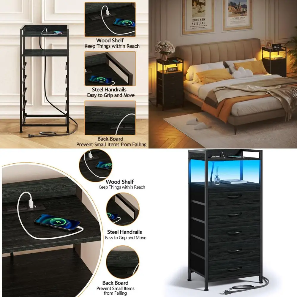 LED-lit Nightstand, Tall Black Bedroom Dresser, Charging Station Nightstand, Living Room Side Table, Fabric Drawer Storage, Meta
LED-lit Nightstand, Tall Black Bedroom Dresser, Charging Station Nightstand, Living Room Side Table, Fabric Drawer Storage, Meta