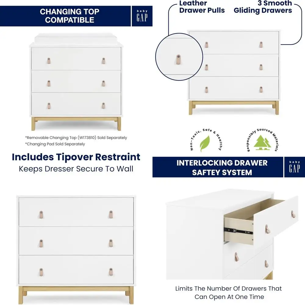 BabyGap Legacy 3-Drawer Dresser with Leather Handles and Interlocking Design in White/Natural
BabyGap Legacy 3-Drawer Dresser with Leather Handles and Interlocking Design in White/Natural