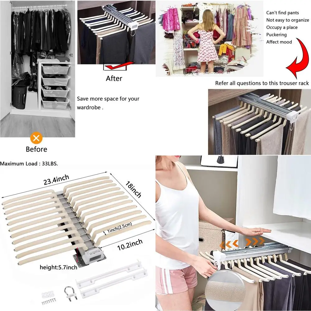 Space-Saving Steel Pull-Out Pants Rack Organizer - Beige, Holds 33lbs, 23.4x18x5.7 inches
Space-Saving Steel Pull-Out Pants Rack Organizer - Beige, Holds 33lbs, 23.4x18x5.7 inches