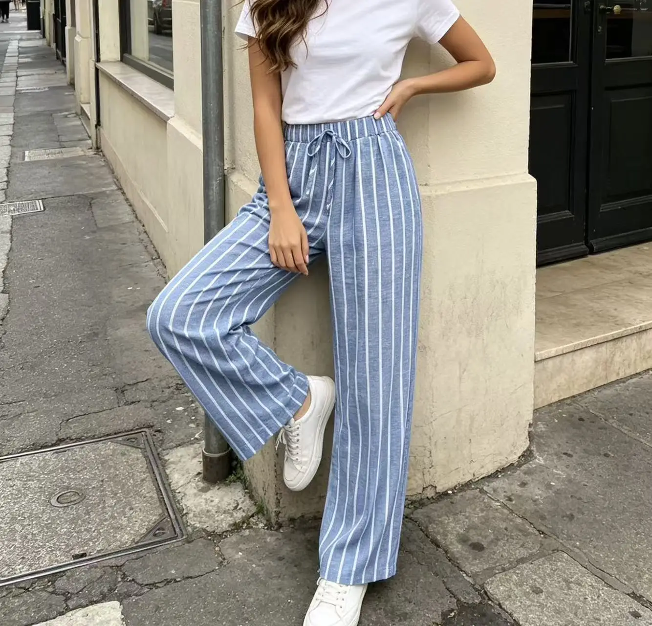 Plus size women's clothing fat girl summer thin blue and white striped wide leg pants elastic waist drawstring comfortable breat
Plus size women's clothing fat girl summer thin blue and white striped wide leg pants elastic waist drawstring comfortable breat
