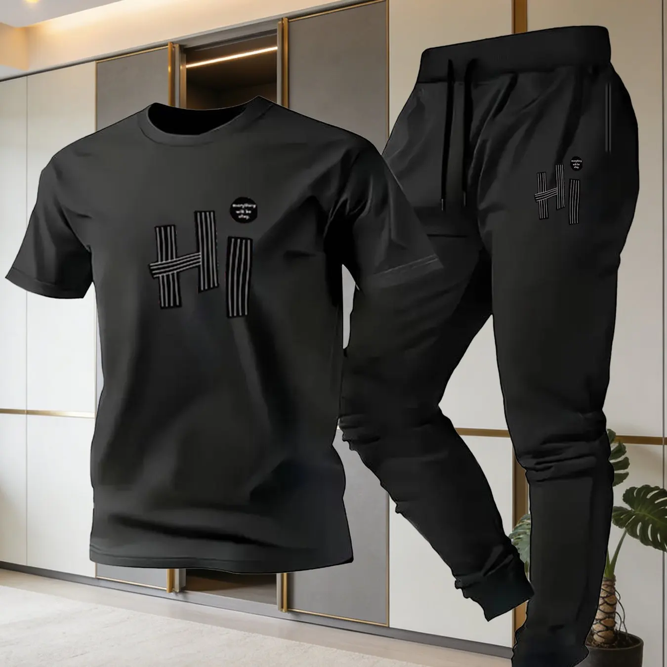 Men's HI Letter Striped Print T-Shirt & Thin Pants Set, Simple Casual Breathable Sports 2-Piece Set for Summer
Men's HI Letter Striped Print T-Shirt & Thin Pants Set, Simple Casual Breathable Sports 2-Piece Set for Summer