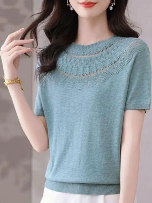 Summer New Loose Knitted Short Sleeve T-Shirt Pure Color Casual Vintage Base Layer Outerwear round Neck Elastic Women's Top
Summer New Loose Knitted Short Sleeve T-Shirt Pure Color Casual Vintage Base Layer Outerwear round Neck Elastic Women's Top