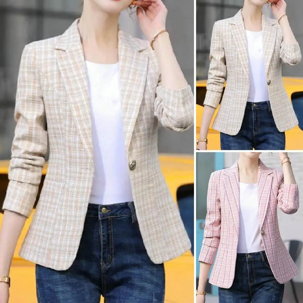 Women Blazer Plaid Print Contrast Color Turn-down Collar Cardigan Long Sleeves Warm Business Anti-wrinkle Autumn Coat for Work
Women Blazer Plaid Print Contrast Color Turn-down Collar Cardigan Long Sleeves Warm Business Anti-wrinkle Autumn Coat for Work