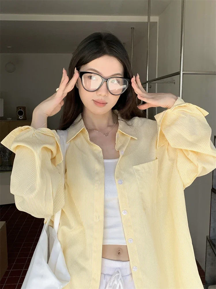 Korean Yellow Striped Shirt Women Lazy Wind Loose Preppy Style Blouse Vintage Long Sleeve Casual Female Sweet Tops New
Korean Yellow Striped Shirt Women Lazy Wind Loose Preppy Style Blouse Vintage Long Sleeve Casual Female Sweet Tops New