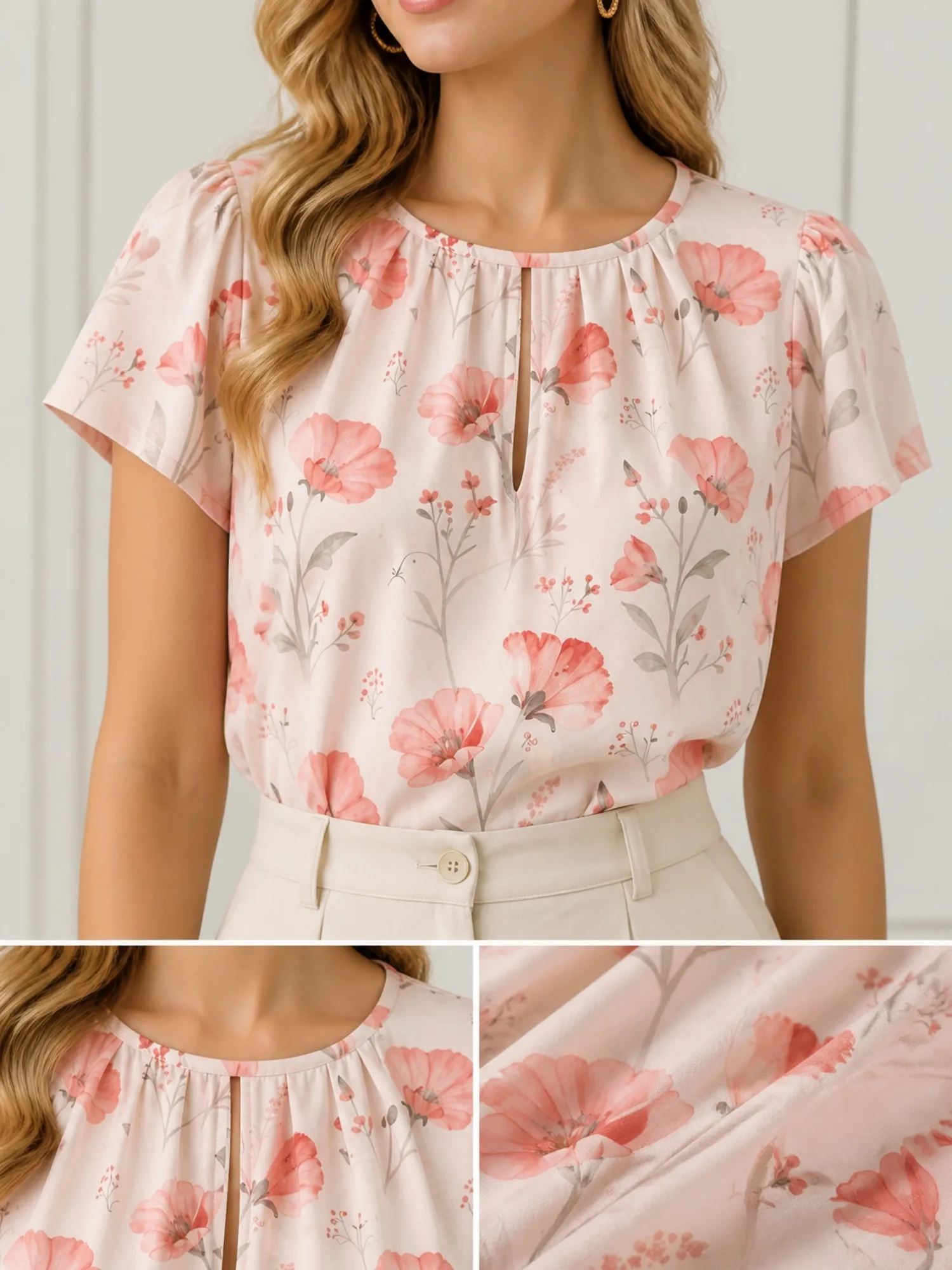Women's Casual Floral Print Short Sleeve Keyhole Neck Blouse, Pleated Round Neck Loose Fit Summer Pullover Shirt for Brunch Wear
Women's Casual Floral Print Short Sleeve Keyhole Neck Blouse, Pleated Round Neck Loose Fit Summer Pullover Shirt for Brunch Wear
