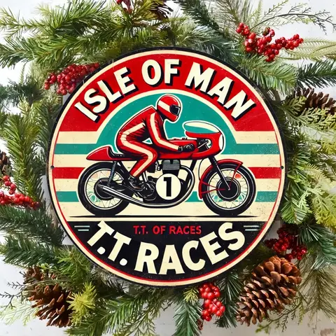 Vintage Isle of for Man TT Race Circular Metal Sign, 20.32x20.32 cm Iron Wall Decor for Bar, Cafe, Club, Kitchen