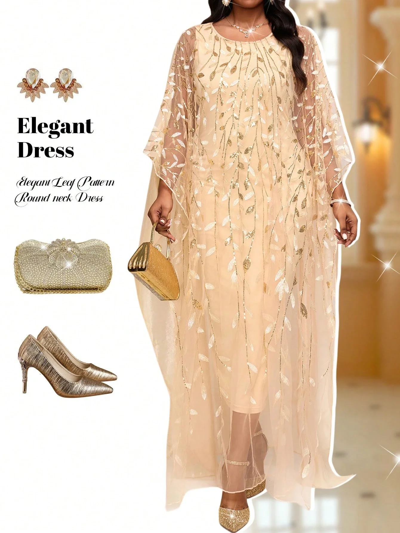 Elegant Leaf Pattern Round Neck Flowy Batwing Sleeve Sequined Long Dress For Women
Elegant Leaf Pattern Round Neck Flowy Batwing Sleeve Sequined Long Dress For Women
