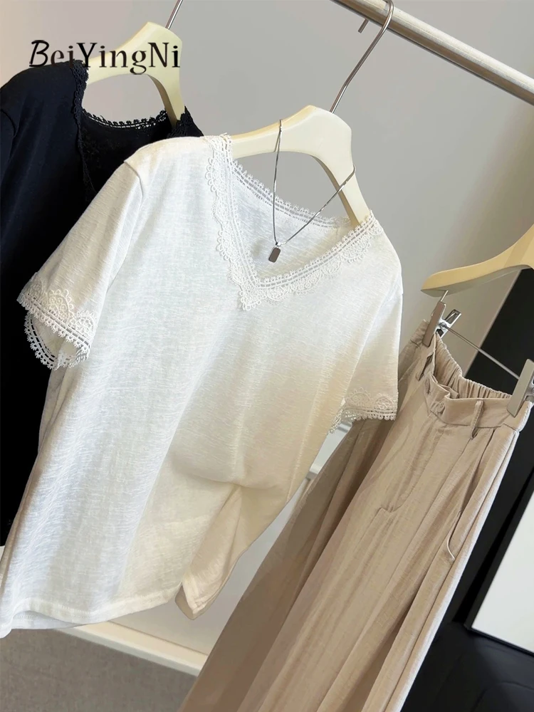 Beiyingni Summer French Lace Sopliced T-shirts for Women Solid Color Loose V-neck Short Sleeve Top Female White Black Tee Shirts
Beiyingni Summer French Lace Sopliced T-shirts for Women Solid Color Loose V-neck Short Sleeve Top Female White Black Tee Shirts