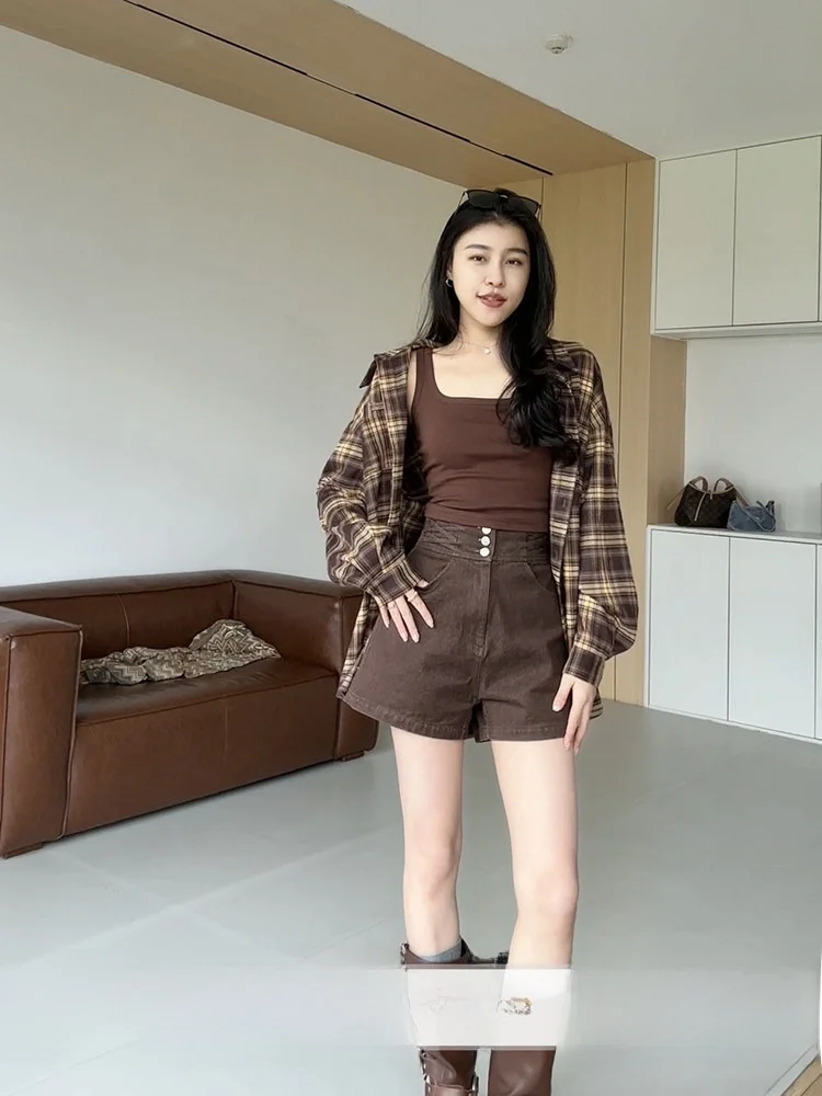 Zhang a Xing American Retro Plaid Brown Loose Shirt Jacket High Waist Short Pants Women's Fashion Set Casual Style Spring Wear
Zhang a Xing American Retro Plaid Brown Loose Shirt Jacket High Waist Short Pants Women's Fashion Set Casual Style Spring Wear