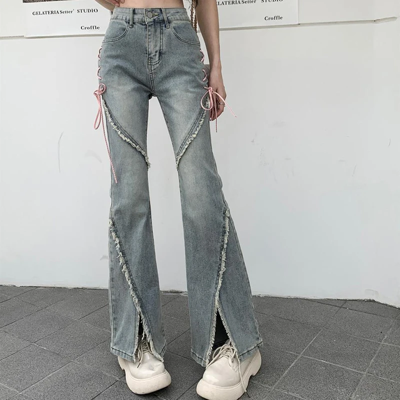 Vintage Split High Waist Flared Jeans Women 2023 Spring Y2K Streetwear Pink Bandage Denim Pants Woman Slim Fit Wide Leg Trousers
Vintage Split High Waist Flared Jeans Women 2023 Spring Y2K Streetwear Pink Bandage Denim Pants Woman Slim Fit Wide Leg Trousers
