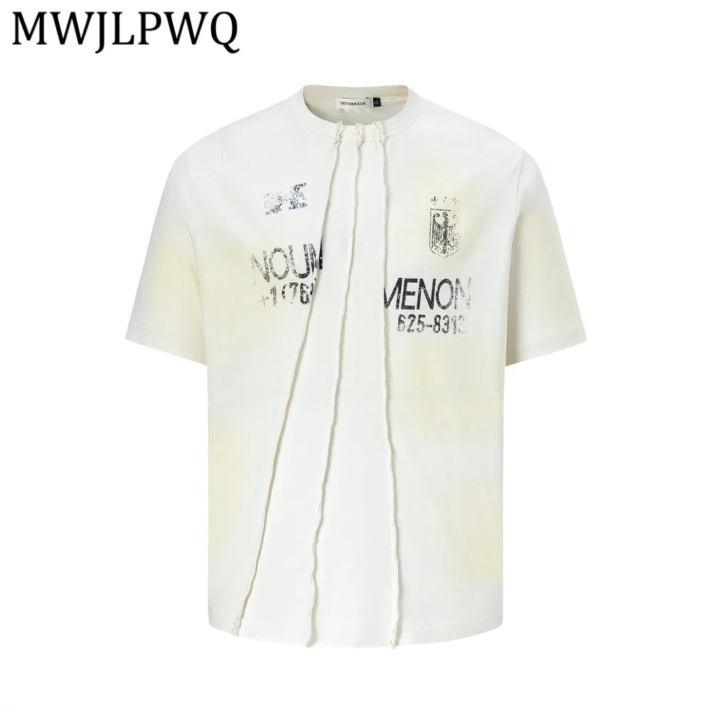 MWJLPWQ Letter Print Short-Sleeve Cotton T-Shirt Male Spray-Dyed Distressed Loose Fit Spliced Rough Edge Design Chic Tops 14122
MWJLPWQ Letter Print Short-Sleeve Cotton T-Shirt Male Spray-Dyed Distressed Loose Fit Spliced Rough Edge Design Chic Tops 14122