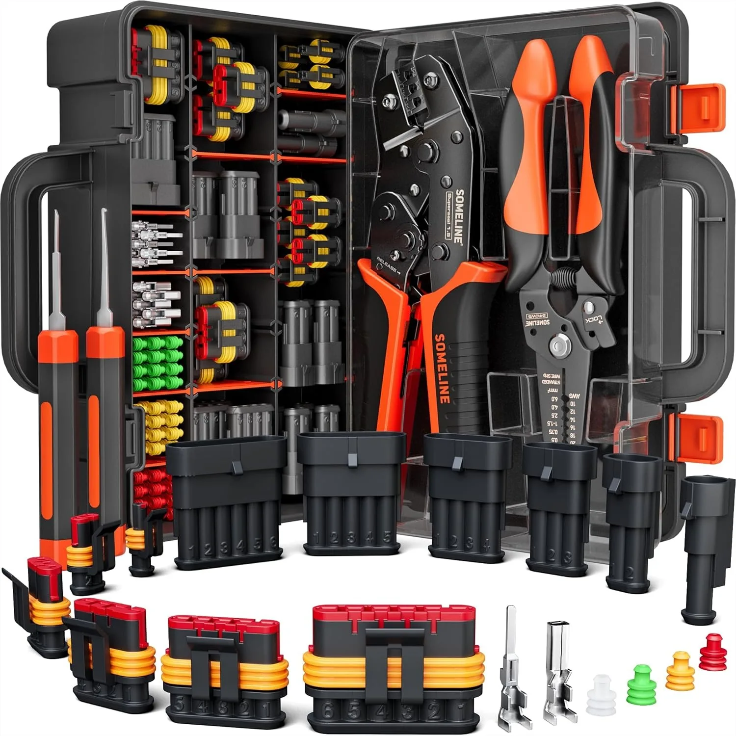 Crimping Tool Kit for Waterproof Automotive Connectors, 22-14 AWG Ratchet Crimper & Terminal Removal Tools for
Crimping Tool Kit for Waterproof Automotive Connectors, 22-14 AWG Ratchet Crimper & Terminal Removal Tools for