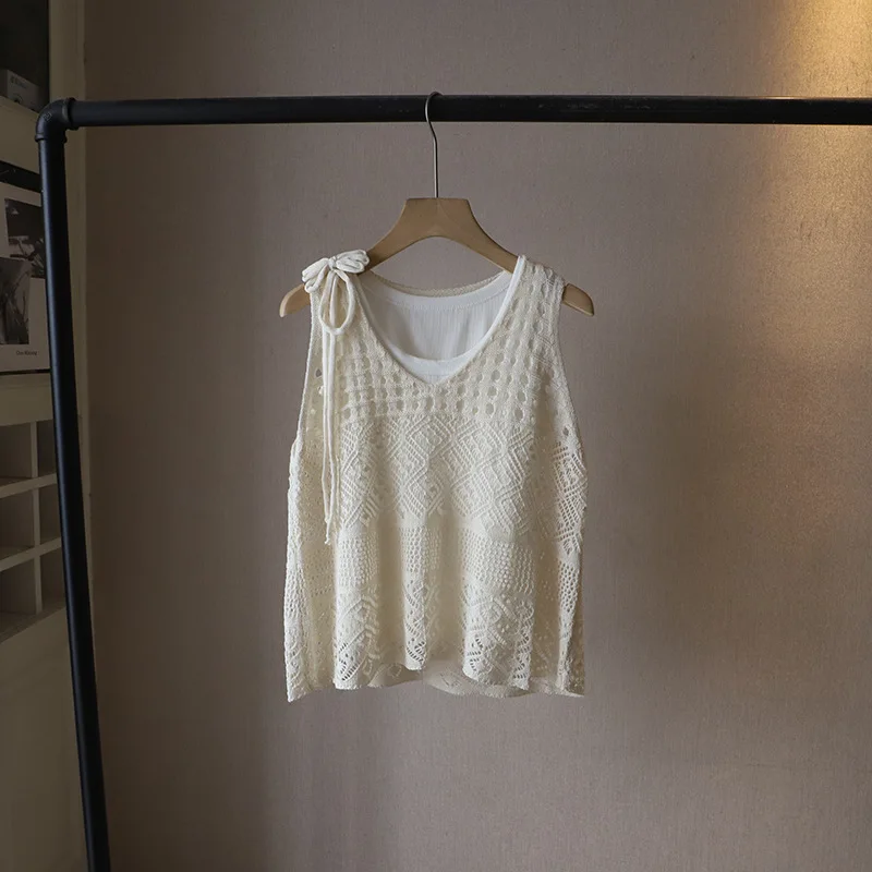 White Crochet Knit Tank Top Lace Up Hollow Out Sleeveless with Inner Camisole
White Crochet Knit Tank Top Lace Up Hollow Out Sleeveless with Inner Camisole