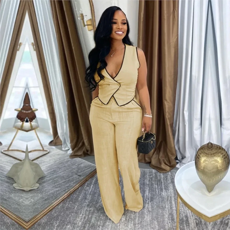 Fashion Elegant Women's Sexy Deep V-neck Button Vest Trousers 2-piece Set Spring Summer Slim Hip-pack Trousers Office Ladies Set
Fashion Elegant Women's Sexy Deep V-neck Button Vest Trousers 2-piece Set Spring Summer Slim Hip-pack Trousers Office Ladies Set