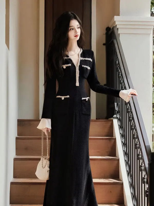 Элегантное черное платье с V-образным вырезом, модное, уникальное, с завышенной талией, из смесового хлопка, с длинными рукавами, миди, для деловых встреч, повседневной носки и свиданий.
Элегантное черное платье с V-образным вырезом, модное, уникальное, с завышенной талией, из смесового хлопка, с длинными рукавами, миди, для деловых встреч, повседневной носки и свиданий.