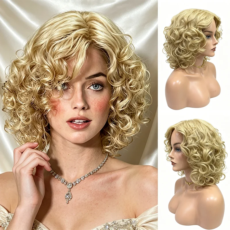 Light golden color small curly lace front synthetic wig, middle part wavy short curly hair, natural volume, European and America
Light golden color small curly lace front synthetic wig, middle part wavy short curly hair, natural volume, European and America
