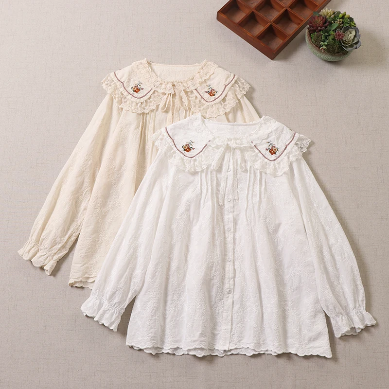 Spring Japanese Sweet Mori Girl Embroidery Cotton Shirts Women Peter Pan Collar Long Sleeve Casual Loose Single Breasted Tops
Spring Japanese Sweet Mori Girl Embroidery Cotton Shirts Women Peter Pan Collar Long Sleeve Casual Loose Single Breasted Tops