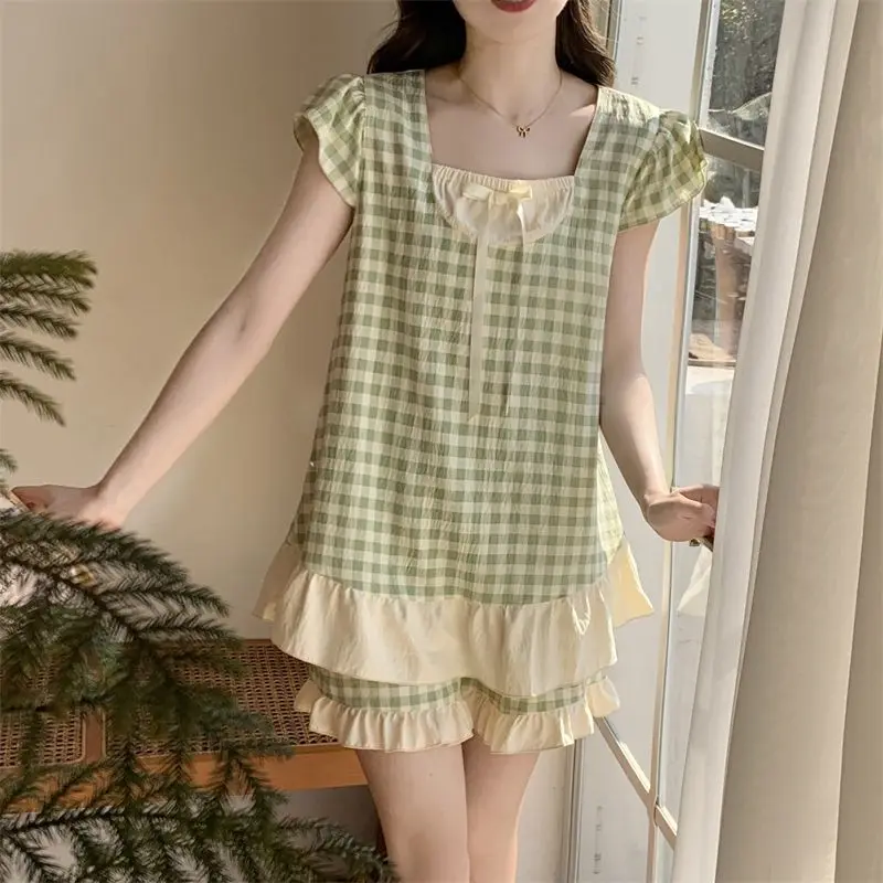 Plaid Plus Size Pajamas Bow Green Short Sleeve Loungewear Round Neck Pullover Shorts Two-Piece Set Night Wear Woman Sexy Short 
Plaid Plus Size Pajamas Bow Green Short Sleeve Loungewear Round Neck Pullover Shorts Two-Piece Set Night Wear Woman Sexy Short