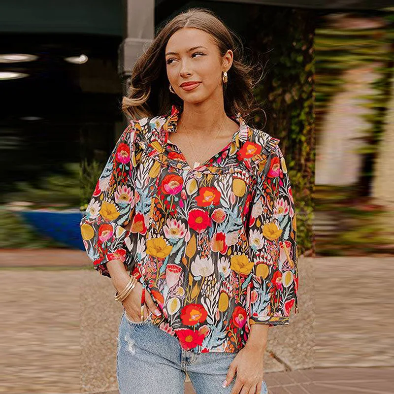 New autumn 2025 pullover V-neck chiffon shirt for women, European and American fashion trend printed top for women
New autumn 2025 pullover V-neck chiffon shirt for women, European and American fashion trend printed top for women