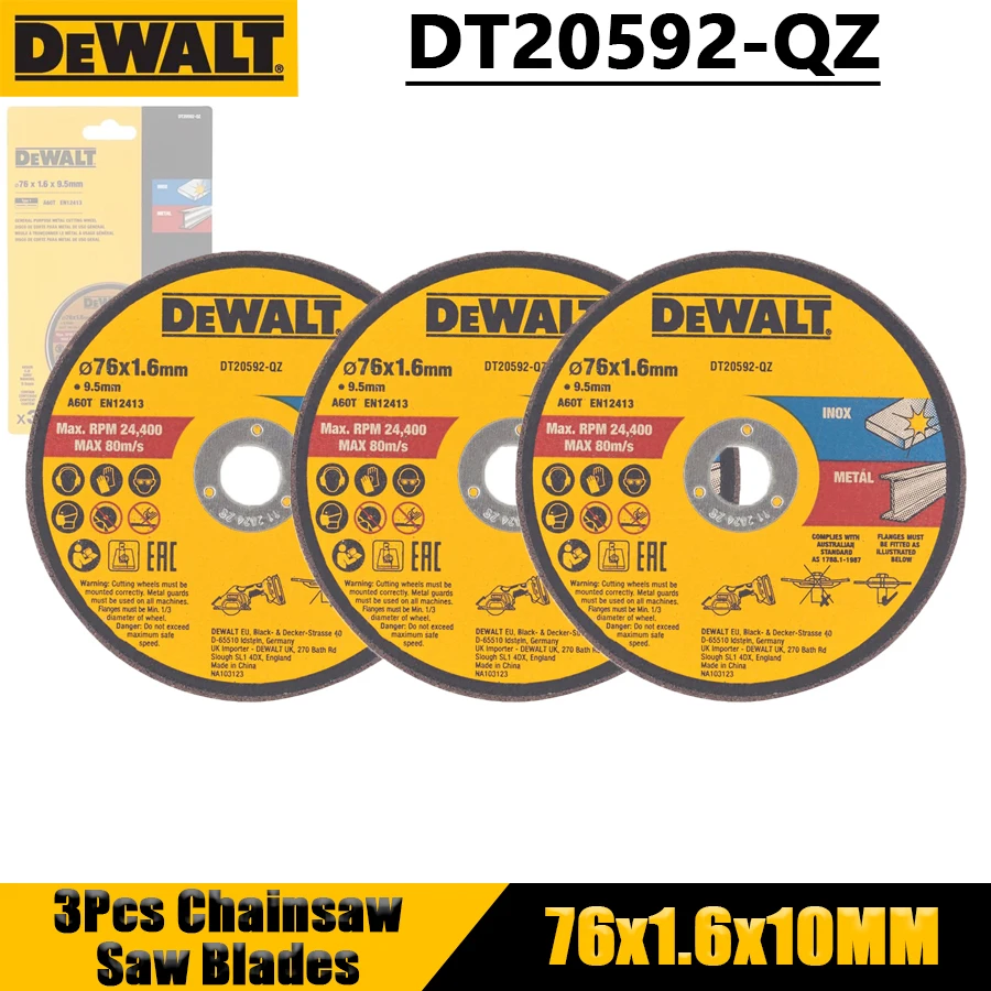 DEWALT DT20592-QZ 3Pcs Chainsaw Saw Blades 76x1.6x10MM Resin Steel Cutting Blade (3 Pack) Electric Tool Accessories
DEWALT DT20592-QZ 3Pcs Chainsaw Saw Blades 76x1.6x10MM Resin Steel Cutting Blade (3 Pack) Electric Tool Accessories