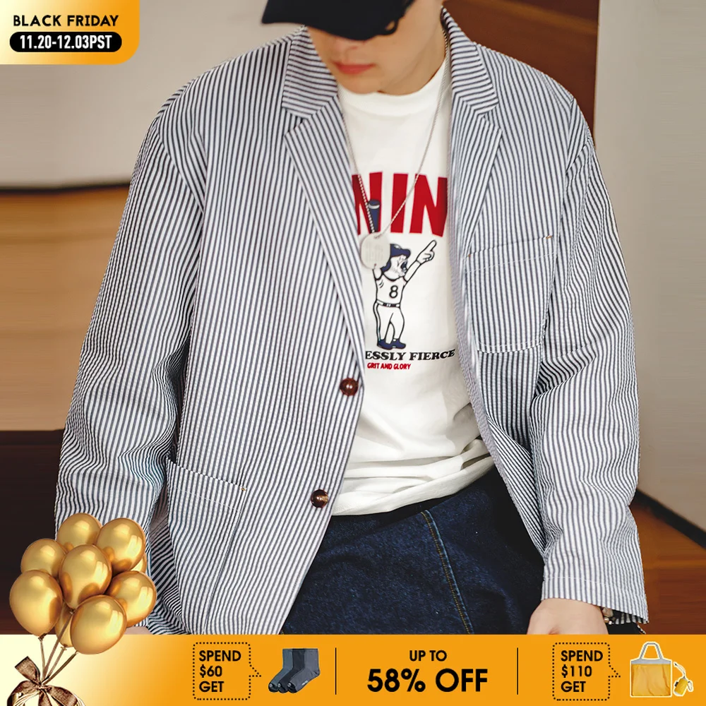 Винтажный полосатый костюм из хлопчатобумажной ткани Maden, повседневная свободная верхняя одежда с плоскими лацканами, мужские весенне-осенние куртки
Винтажный полосатый костюм из хлопчатобумажной ткани Maden, повседневная свободная верхняя одежда с плоскими лацканами, мужские весенне-осенние куртки