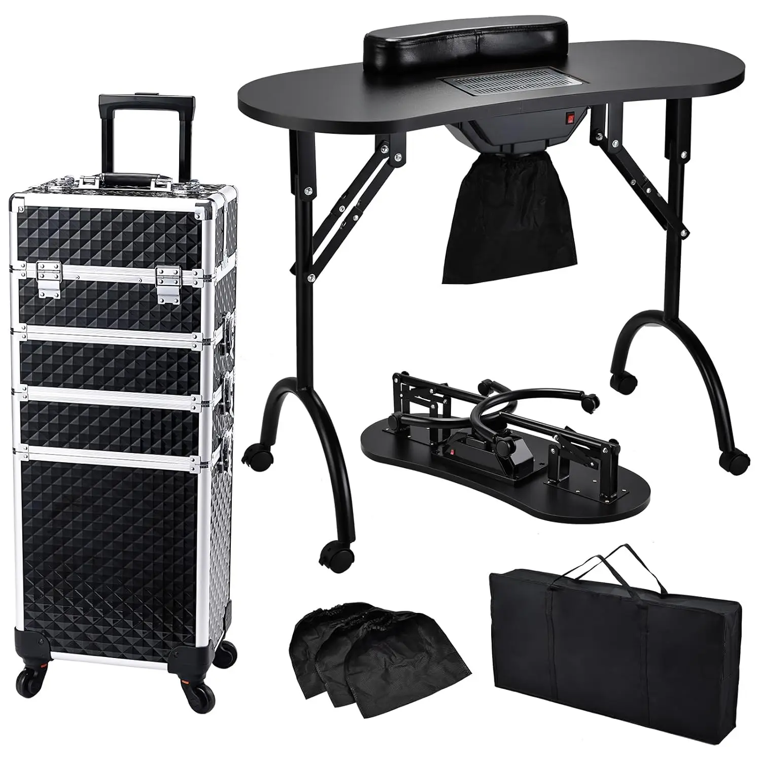 Foldable Nail Table Manicure Desk with Dust Collector + 4 in 1 Rolling Makeup Train Case for Mobile Stylist Artists, Customized
Foldable Nail Table Manicure Desk with Dust Collector + 4 in 1 Rolling Makeup Train Case for Mobile Stylist Artists, Customized