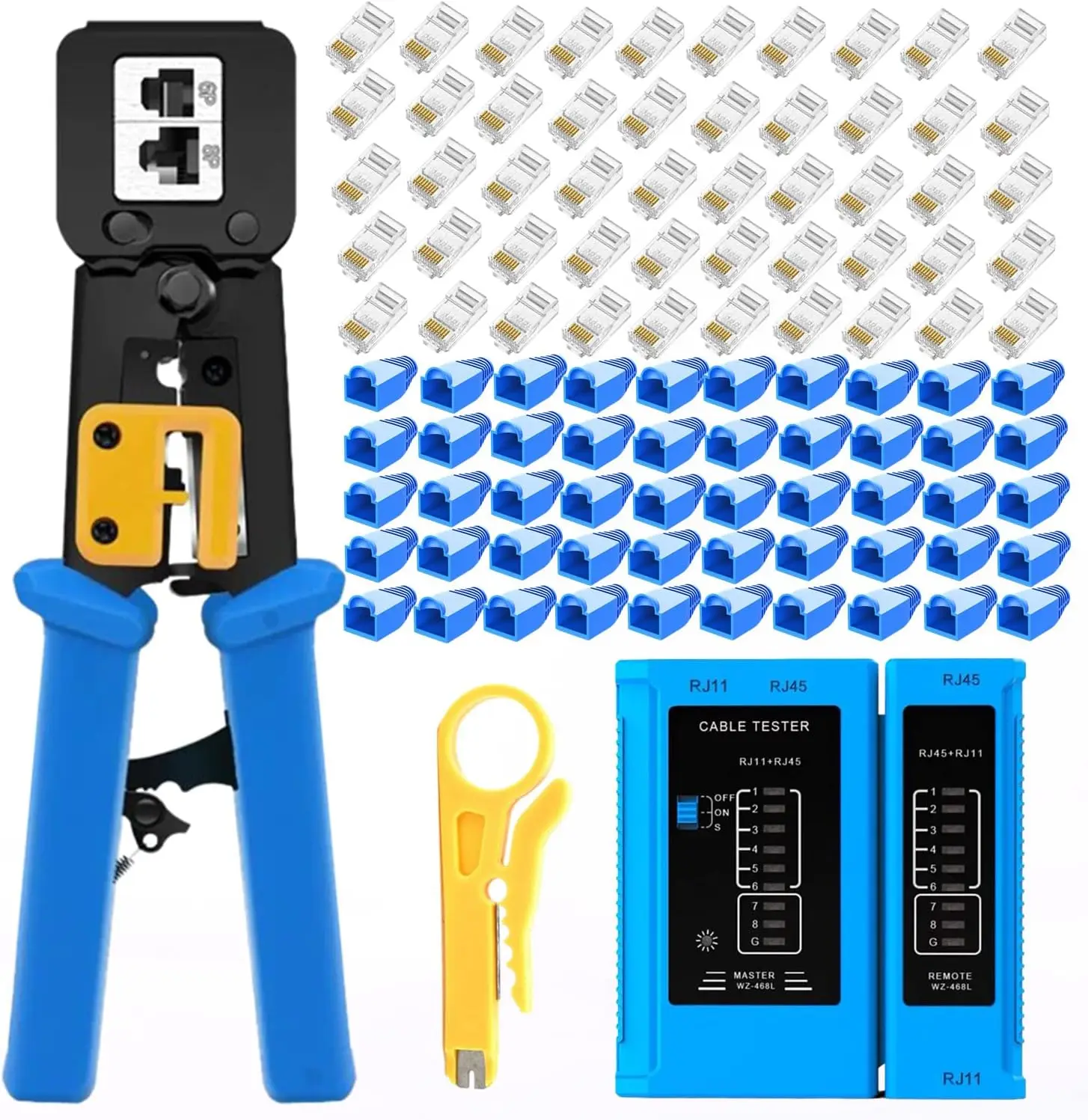 RJ45 Crimping Tool for Cat6 Cat5e Cat5 with Pass-Through Connectors, Wire Stripper, and Network Cable Tester
RJ45 Crimping Tool for Cat6 Cat5e Cat5 with Pass-Through Connectors, Wire Stripper, and Network Cable Tester