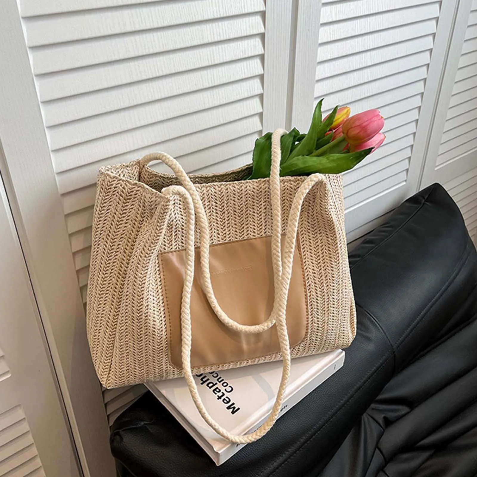 Women Woven Tote Bag Large Capacity Contrast Color Straw Handbag Shoulder Purse for Daily Commute Shopping Work
Women Woven Tote Bag Large Capacity Contrast Color Straw Handbag Shoulder Purse for Daily Commute Shopping Work