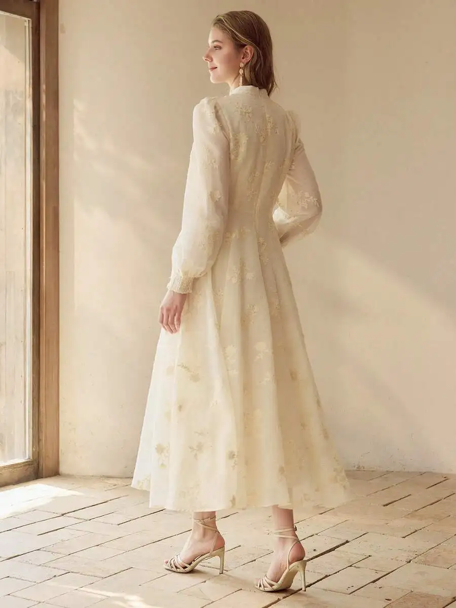 Elegant Floral Embroidered Long Sleeve Midi Dress For Women
Elegant Floral Embroidered Long Sleeve Midi Dress For Women
