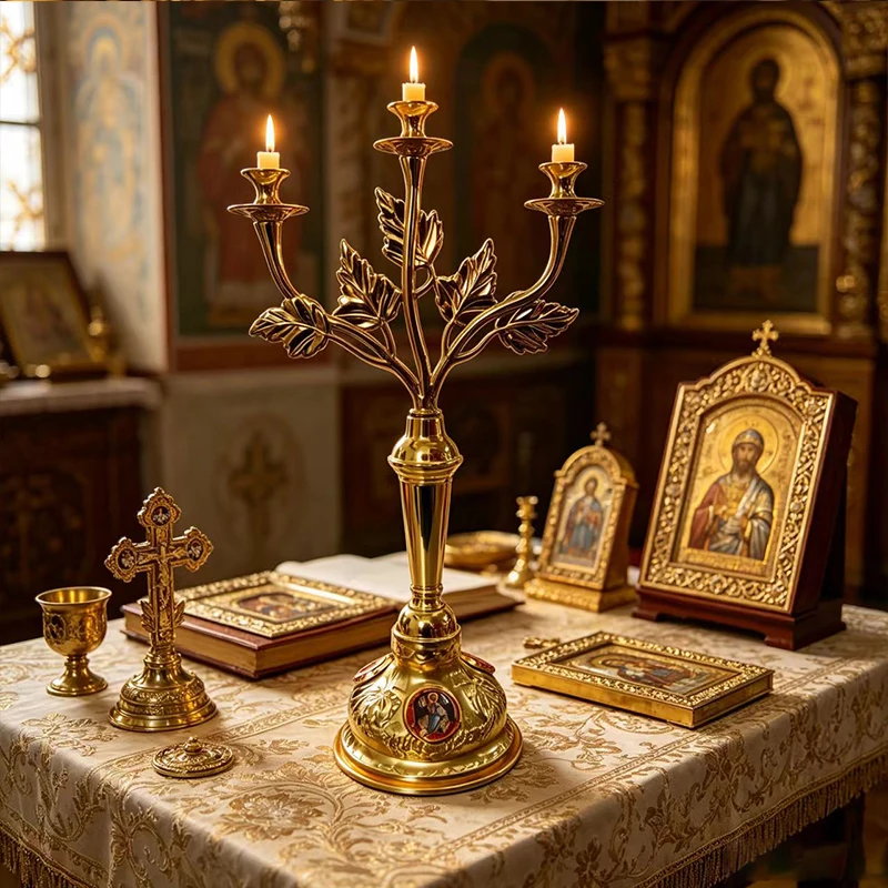 New 2026Gold Plated Orthodox 3-Arm Candelabra with Leaf Design and Enamel Base for Christian Church Altar Vigil Lamps and Prayer
New 2026Gold Plated Orthodox 3-Arm Candelabra with Leaf Design and Enamel Base for Christian Church Altar Vigil Lamps and Prayer
