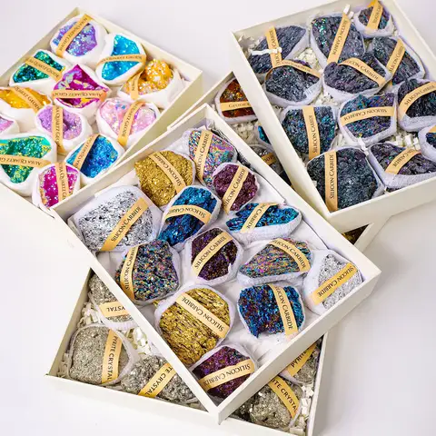 1set Natural Crystal Raw Stone Ore Gift Box Set, Unpolished Large Particle Mineral Logo Teaching Decorative Ornaments