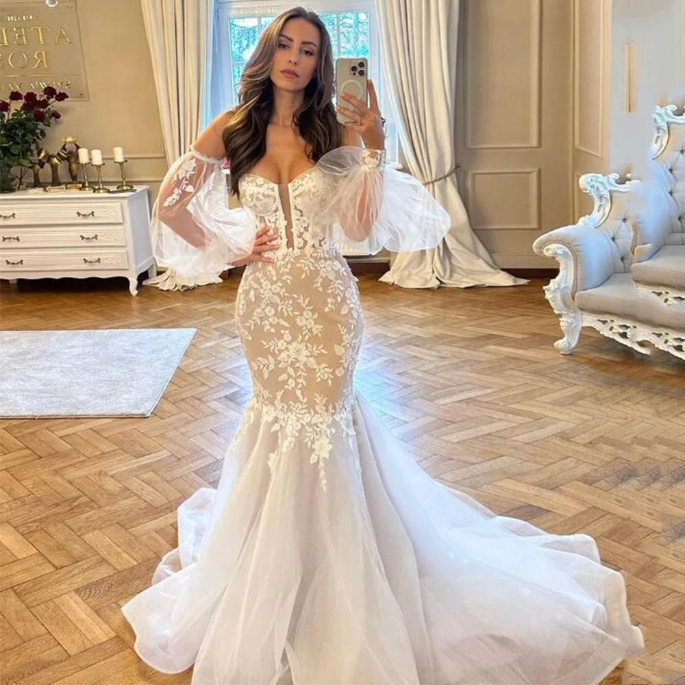 Customized Wedding Dresses for Women Tulle Long Sleeve Illusion Mermaid Dress Lace Bride Gown Sweetheart Neck vestidos de novia
Customized Wedding Dresses for Women Tulle Long Sleeve Illusion Mermaid Dress Lace Bride Gown Sweetheart Neck vestidos de novia