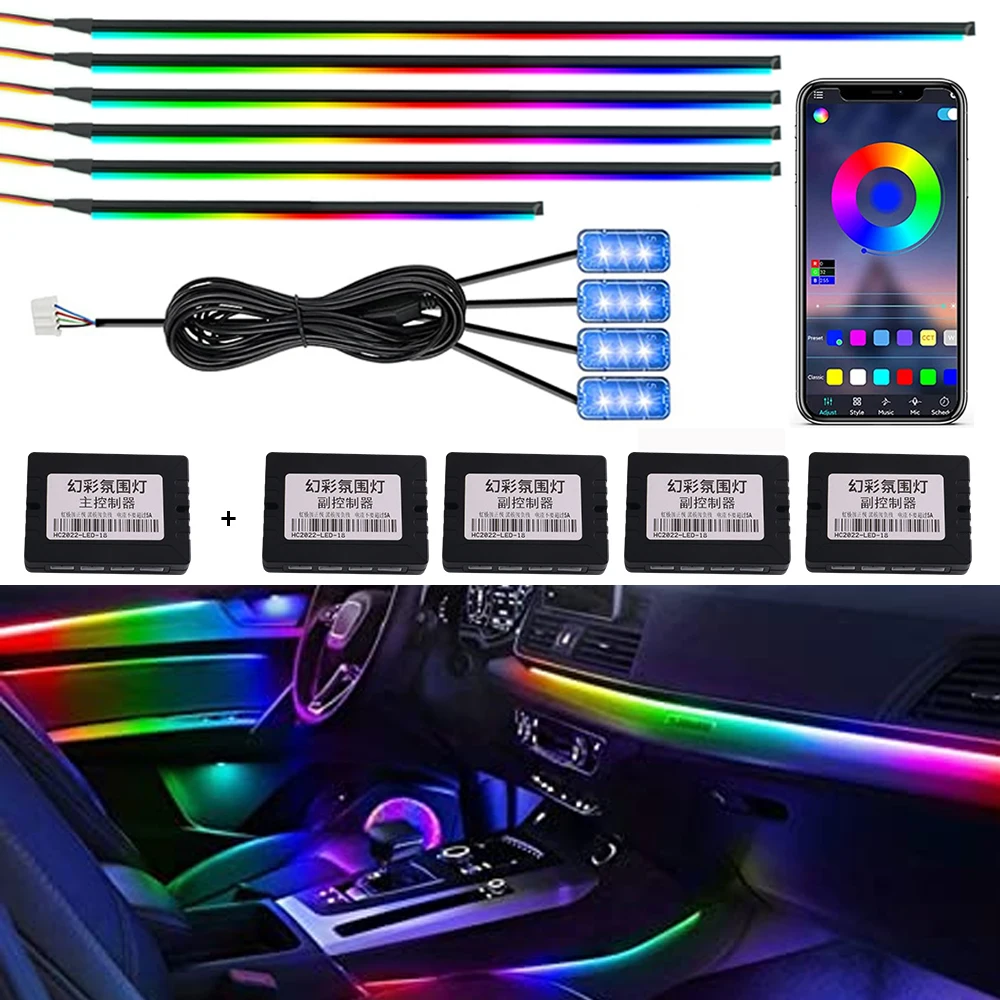 18 in 1 RGB Dreamcolor Acrylic Interior Car LED Strip Light With Wireless APP Ambient Lighting Kits Sync to Music Car Neon Light
18 in 1 RGB Dreamcolor Acrylic Interior Car LED Strip Light With Wireless APP Ambient Lighting Kits Sync to Music Car Neon Light